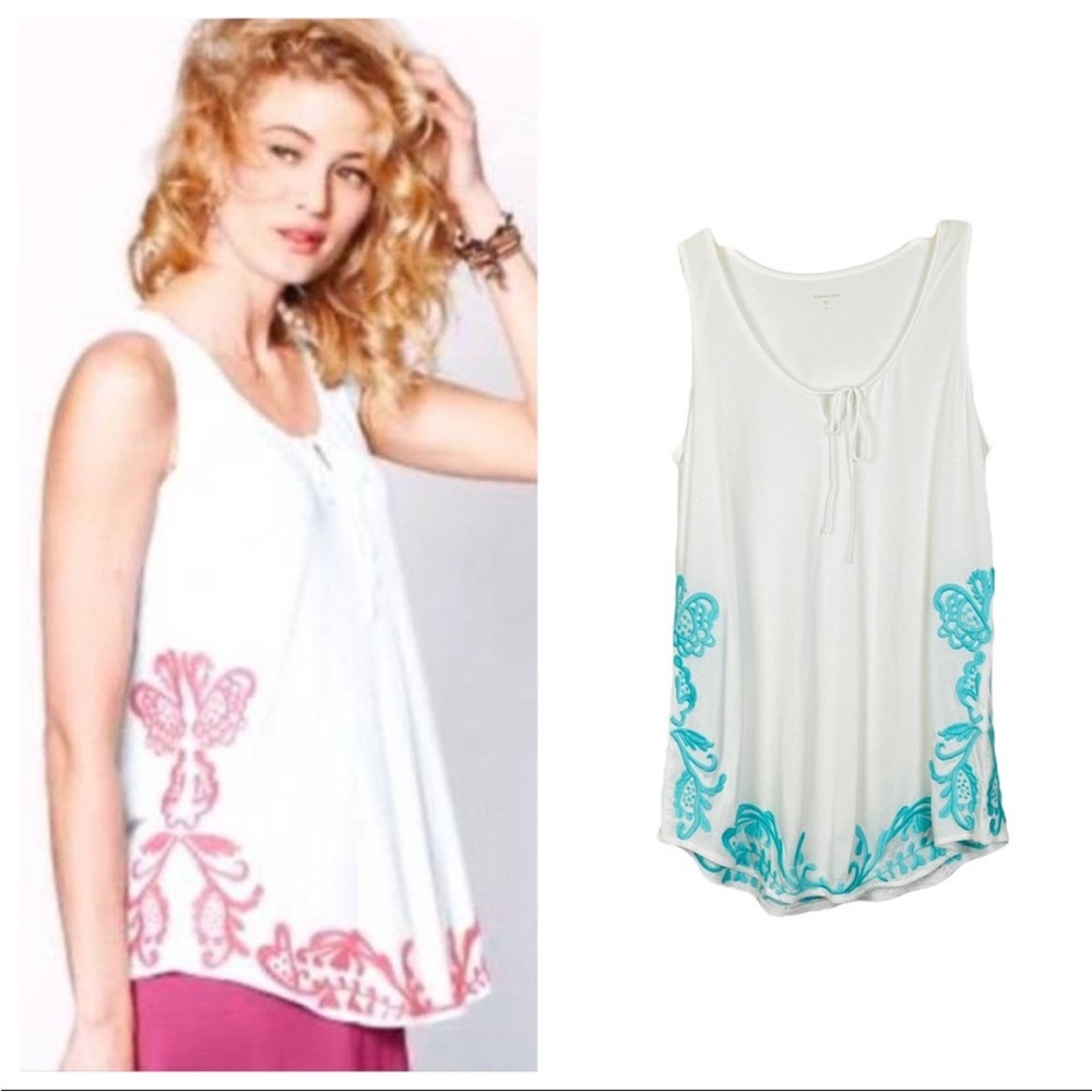 Garnet Hill White Embroidered Teal Tank Top Boho Lightweight Small Cotton Modal